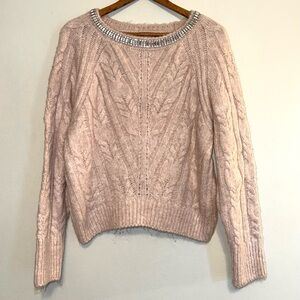 Express Chunky Textured Cable Knit Sweater Jeweled Collar Sz Medium Lt Rose Pink